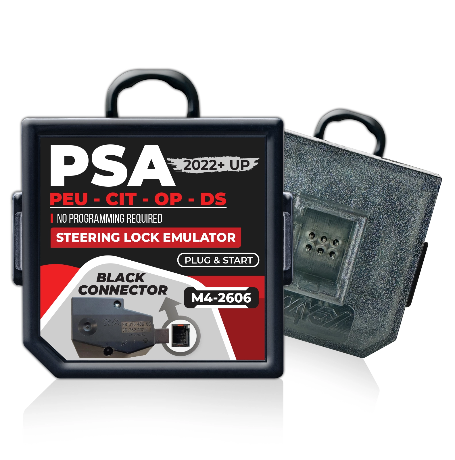 Black connector steering lock emulator for PSA, Peugeot, Citroen, and Opel 2022 and newer vehicles — ideal for ELV/ESL testing and replacement.